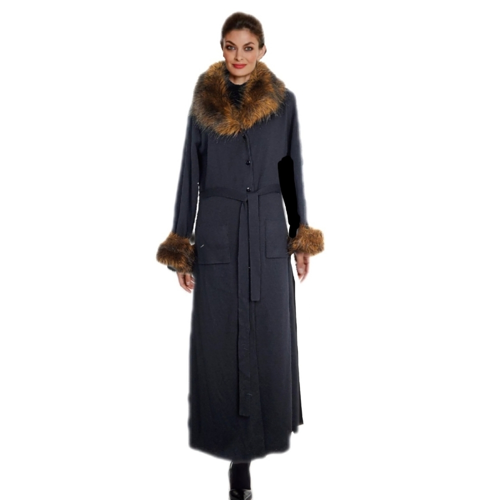 Nancy Bolen Womens Belted Black Wool Mix Faux Fur Collar Cuffs Coat Sz M EUC - Picture 3 of 9